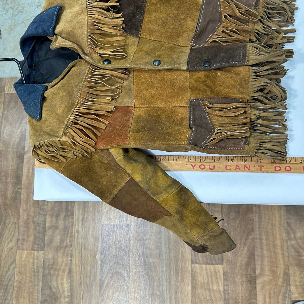 Suede‎ Fringe Patchwork Jacket Youth 10 Brown Western Boho Folkcore 70s Leather - Picture 6 of 9